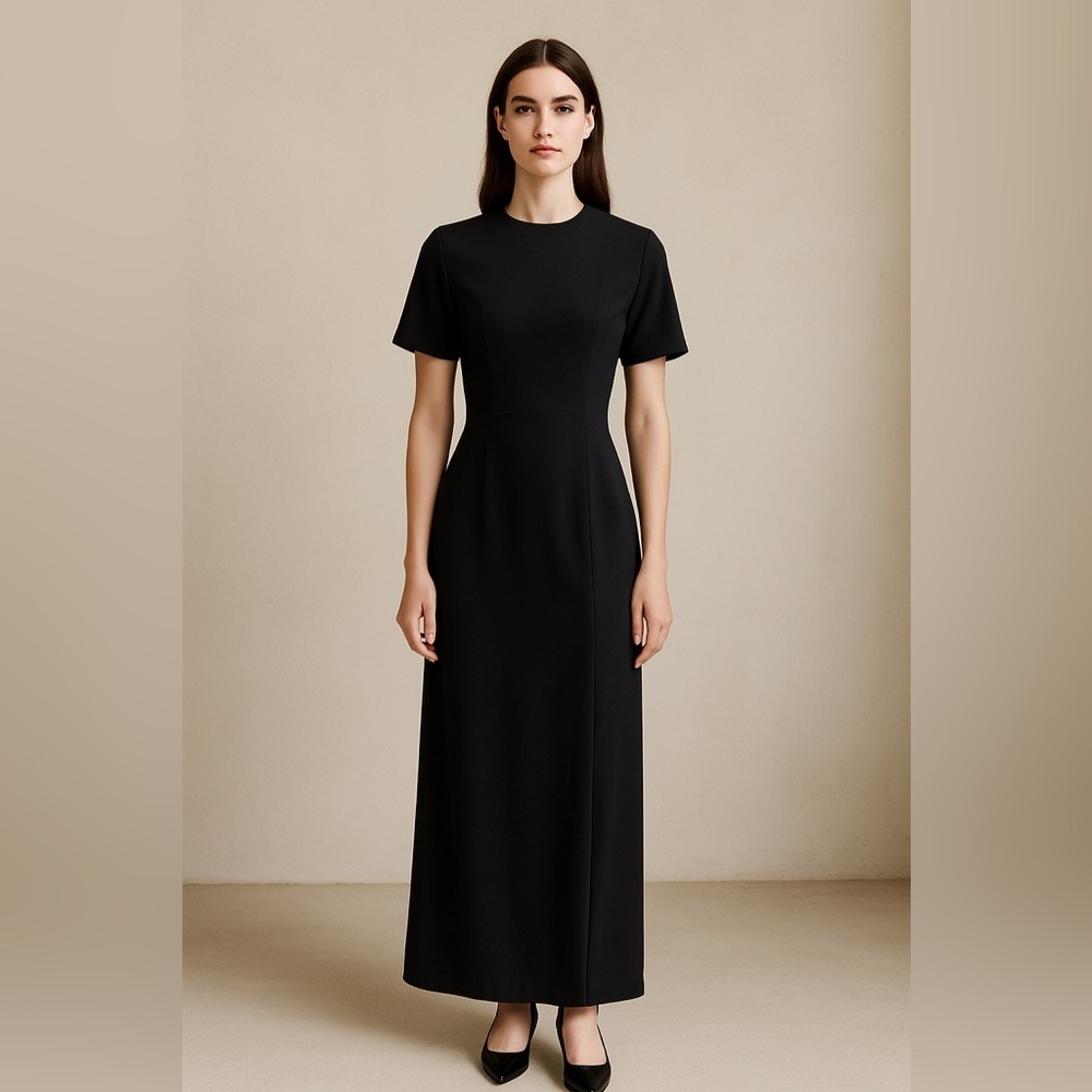 Vintage Evan Picone Maxi Dress 90s Black Short Sleeve Slit Full Length S…